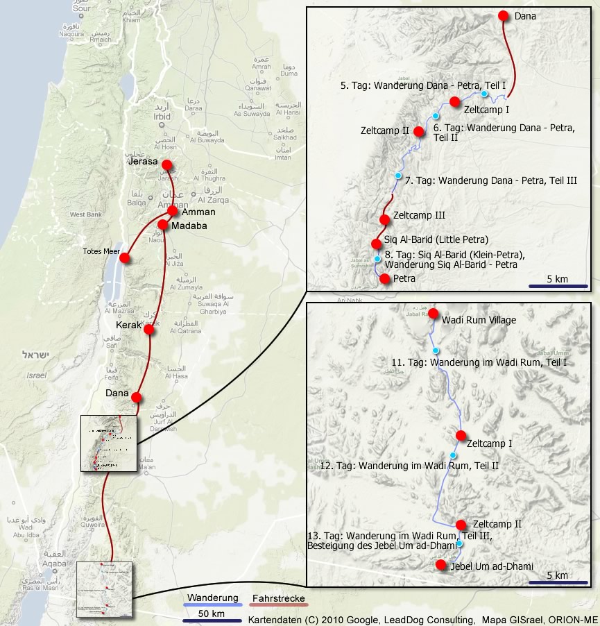 Übersichtskarte Jordanien mit unserer Reiseroute, mit Detailkarten Dana und Wadi Rum